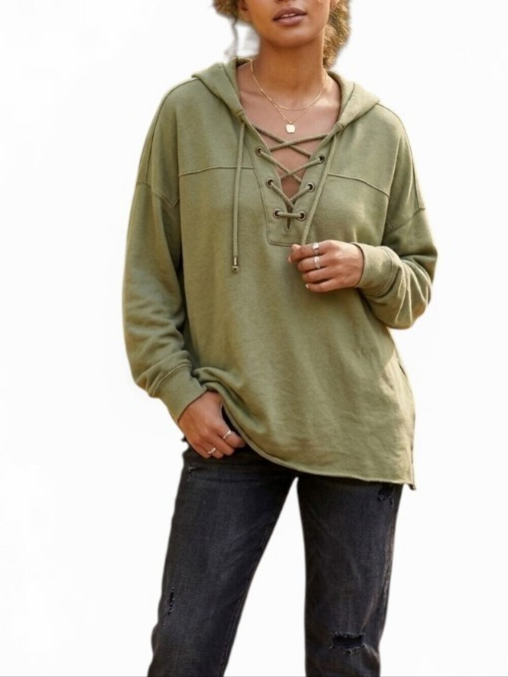 Aerie Olive Green Lace Up Oversized Hoodie Sweater S